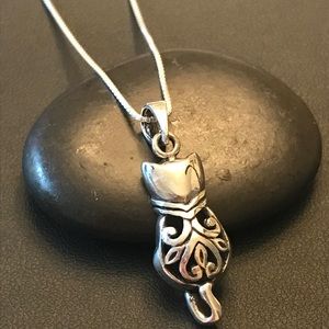Sterling Silver Filigree Cat Charm Necklace